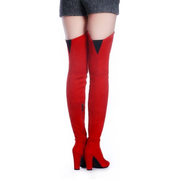 ⚡Women's Red Stretch Suede Chunky Heel Over The Knee Boots Thigh High - Picture 6 of 7